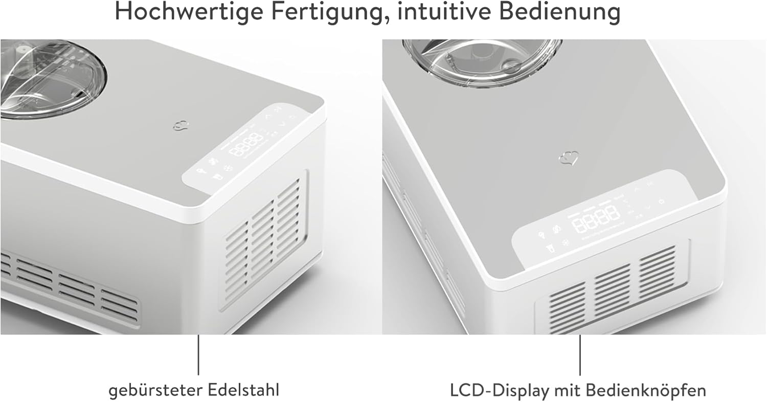 SPRINGLANE Eismaschine & Joghurtbereiter Elisa 2,0 L mit selbstkühlendem Kompressor 220 W, aus Edelstahl mit Kühl- und Heizfunktion, inkl. Rezeptheft (Elisa Silber)