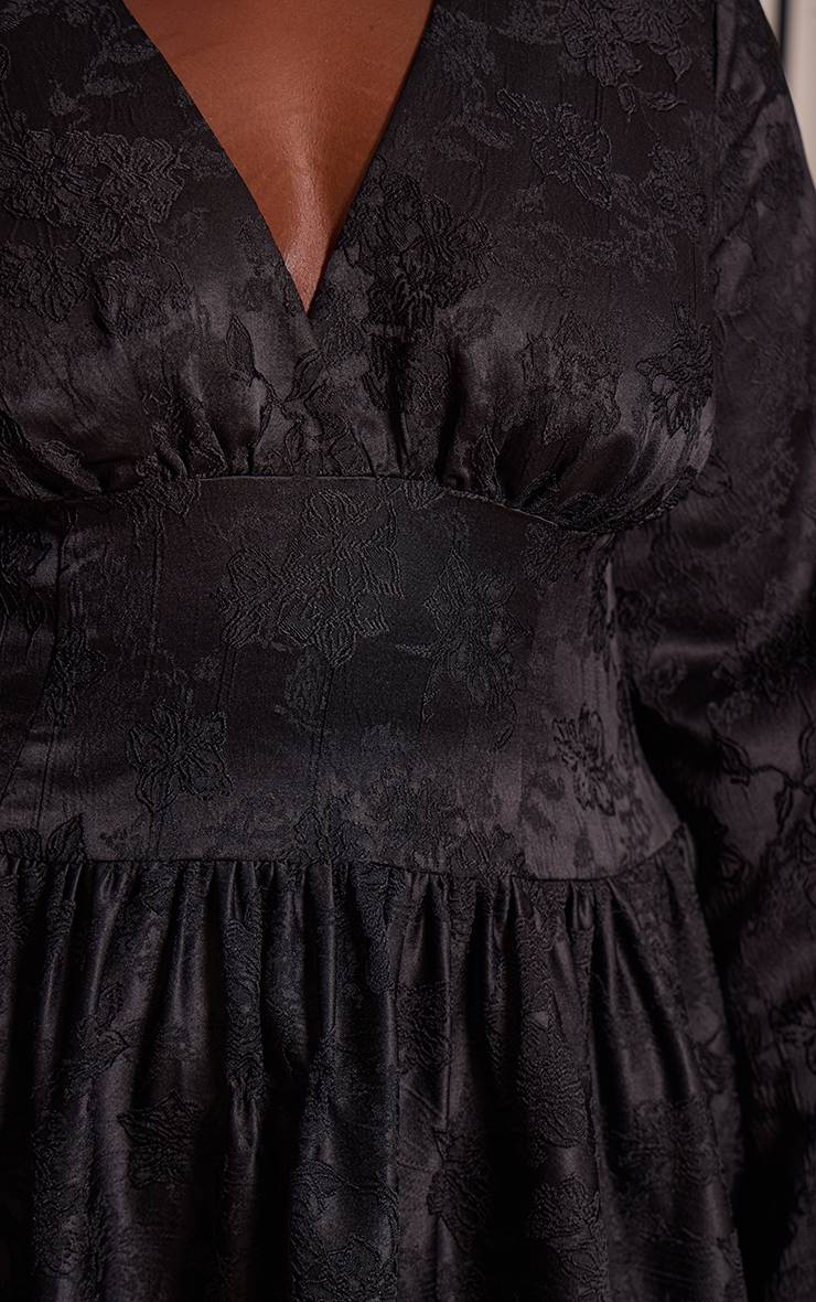 Noir Robe Mini Grande Taille À Manches Évasées En Jacquard Floral