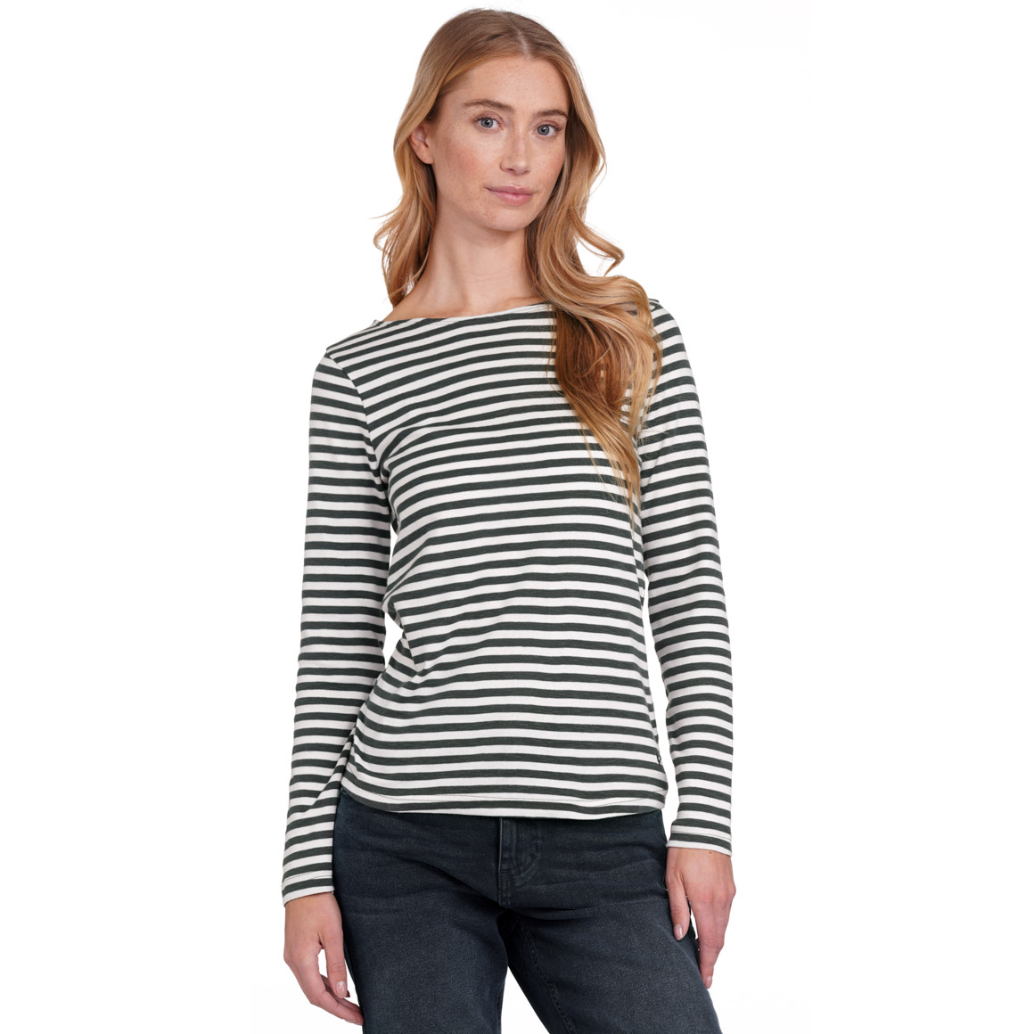 Jonas Nielsen Damen Langarmshirt im Streifen-Look tannengrün / weiss