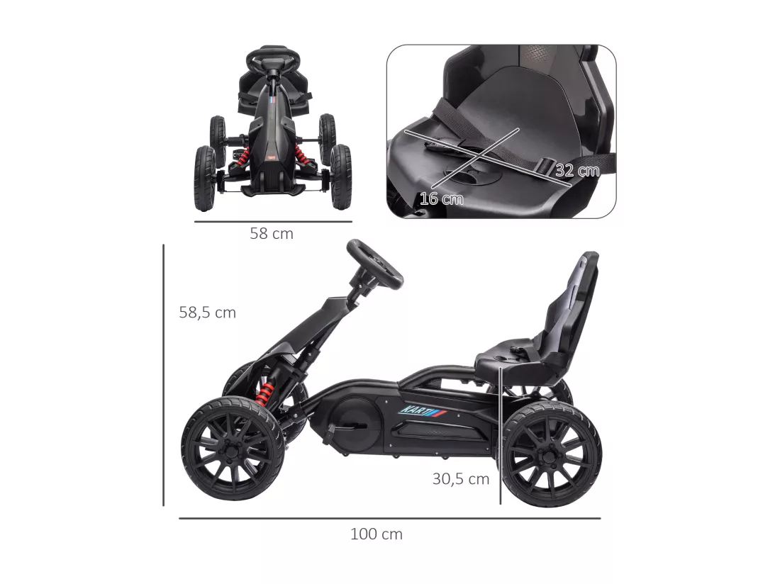 Kart à pédales enfant Go kart Formule 1 Racing aileron avant carter chaine fermé siège réglable avec ceinture noir