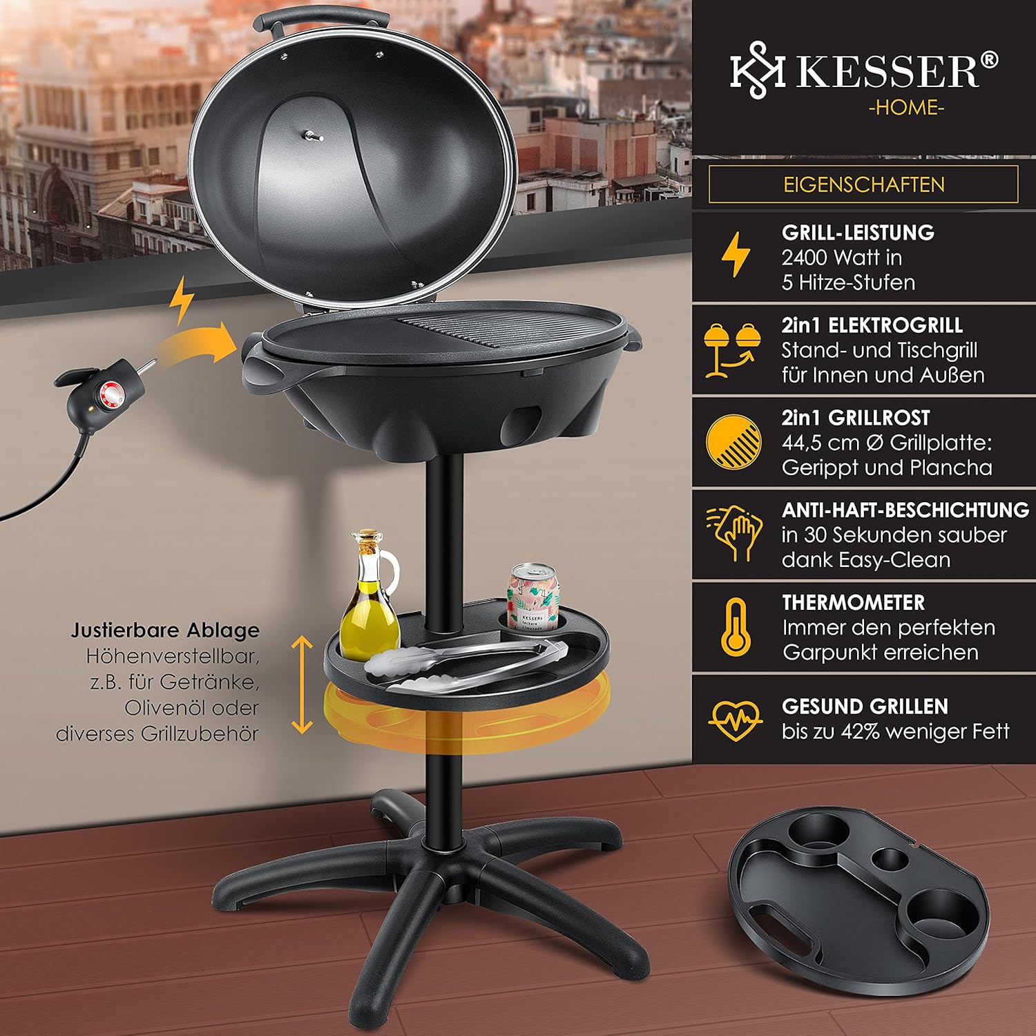 KESSER® elektrischer Elektrogrill 2in1 Tischgrill - Standgrill mit Deckel Standfuß | max. 2400 Watt Thermometer | Antihaftbeschichtung | XXL Grillplatte | integrierte Ablagefläche Elektro-Säulengrill