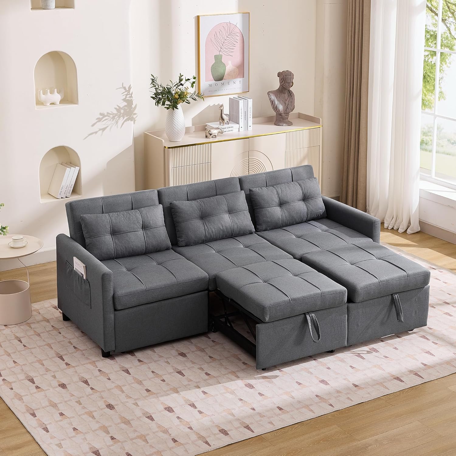 Schlafsofa 3 Sitzer Ausziehbar, 7-in-1 Ecksofa L-Form mit Bettkasten, Funktionssofa mit Rollen & Verstellbarer Rückenlehne, Gästebett Grau 215×180cm