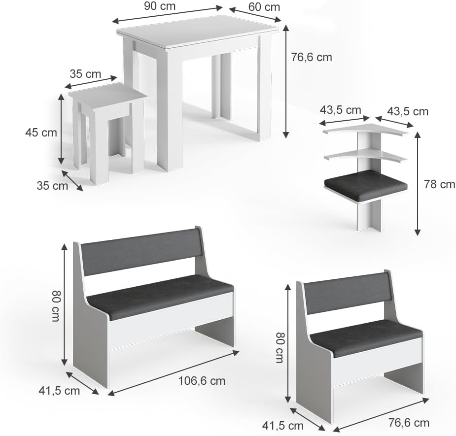 Vicco Eckbankgruppe Roman, Küchentisch, Weiß/Anthrazit, 150 x 120 cm mit Tisch