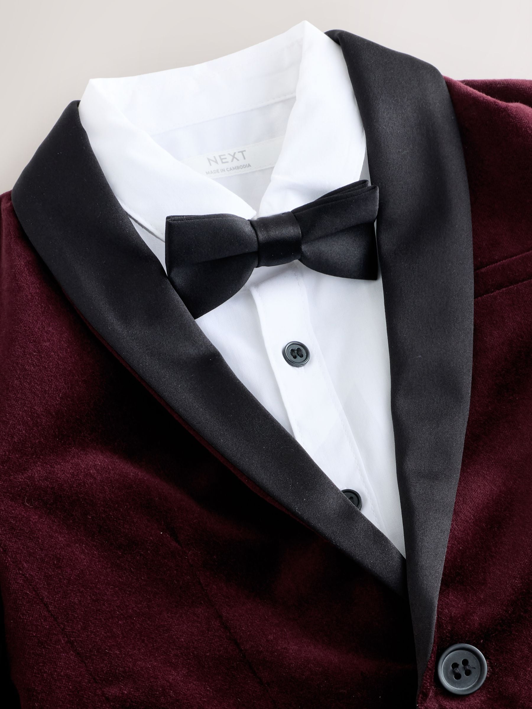 Bordeauxrood - Set van fluwelen blazer, overhemd, broek en vlinderdas (3mnd -9jr)