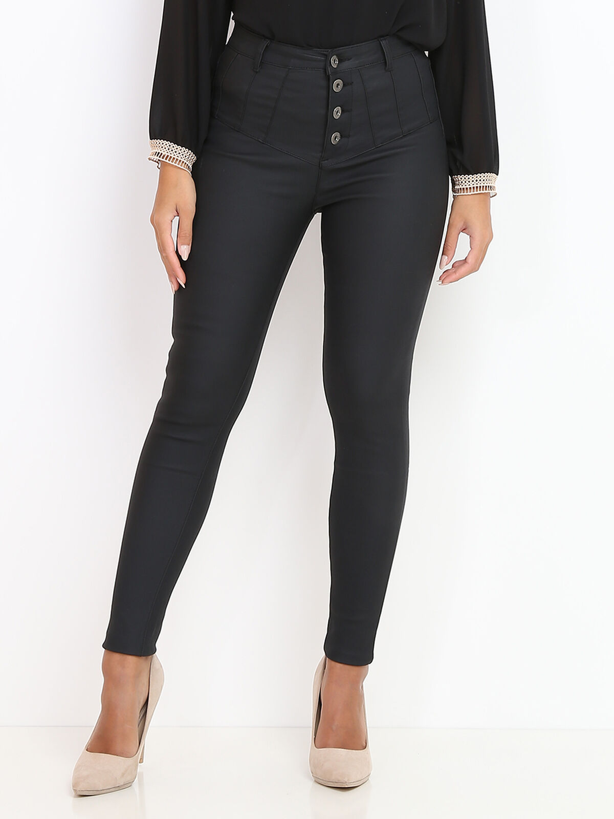 Pantalon skinny enduit à boutons- Noir