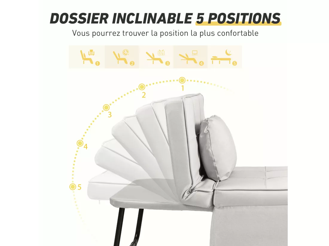 Fauteuil chauffeuse chaise longue pouf 3 en 1 dossier inclinable 5 niveaux repose-pied rabattable châssis métal noir lin crème