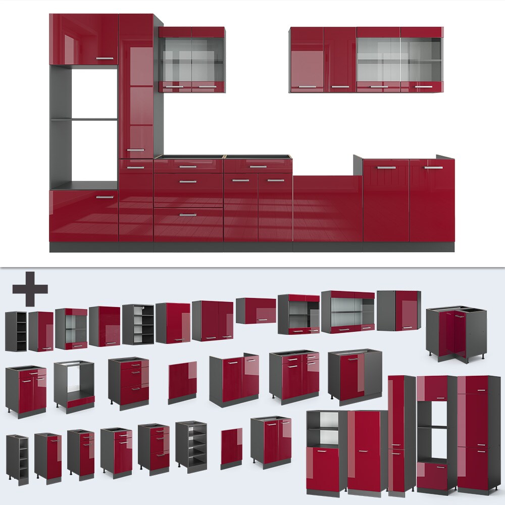Vicco Küchenzeile Küchenblock Einbauküche R-Line 350 cm Anthrazit Bordeaux Hochglanz Küche