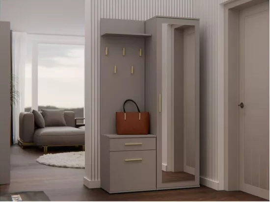 SHEILA - Vestiaire d'entrée avec miroir - Armoire + porte-manteau - Rangements chaussures - Gris