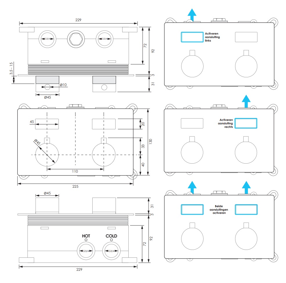 Brauer Brushed Edition thermostatische inbouw badkraan met uitloop en 3 standen handdouche set 4 RVS geborsteld PVD
