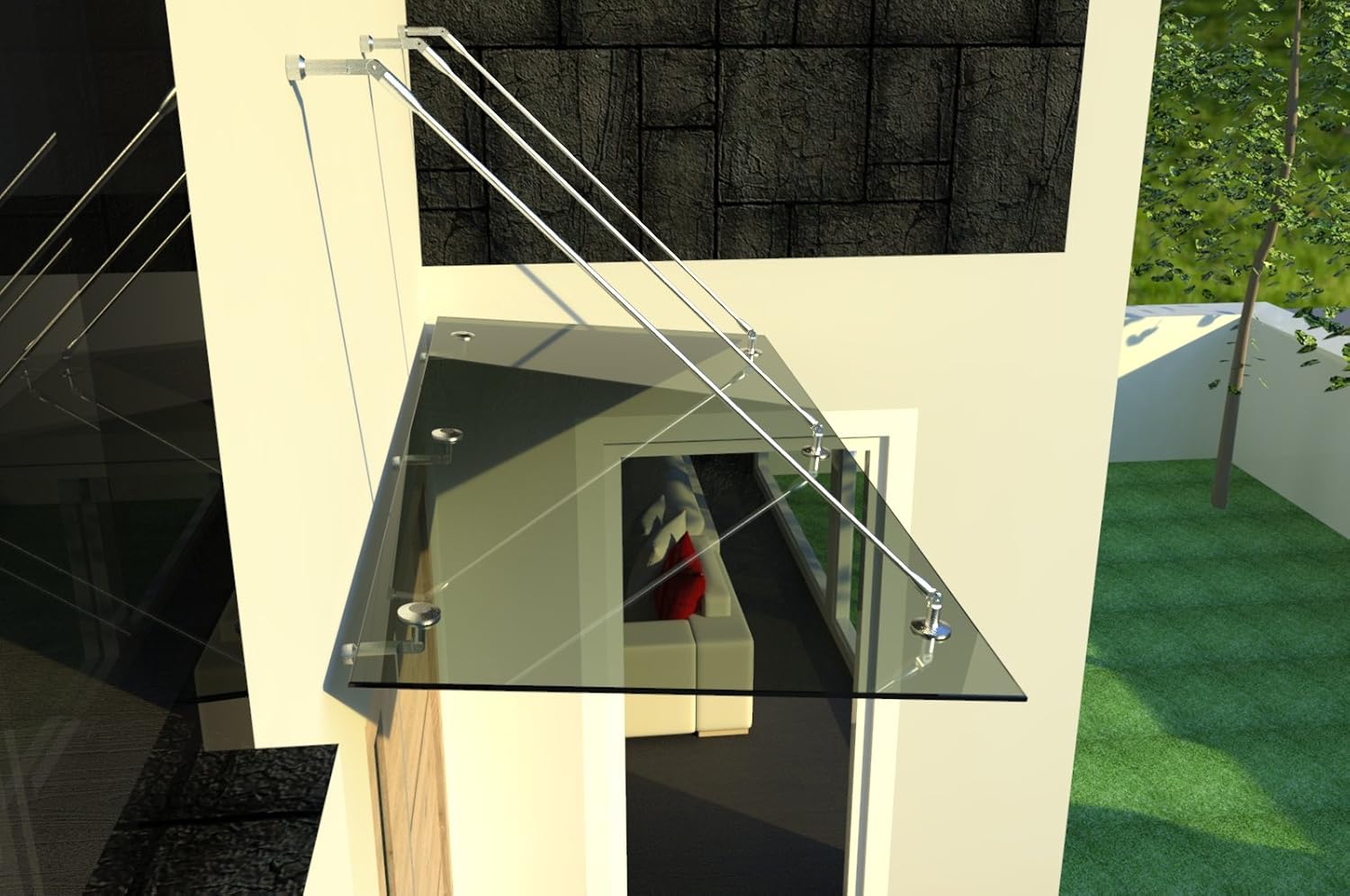 Glasvordach Vordach aus 13,14 mm starkem Verbundsicherheitsglas (VSG) mit hochwertigen V2A Edelstahlbeschlägen ALLE GROESSEN (Getönt 200cm x 90cm mit 3 Haltestangen)