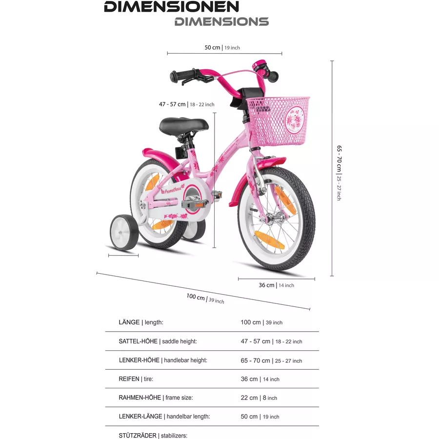 PROMETHEUS BICYCLES® HAWK Kinderfahrrad 14 , Rosa-Weiß mit Stützrädern
