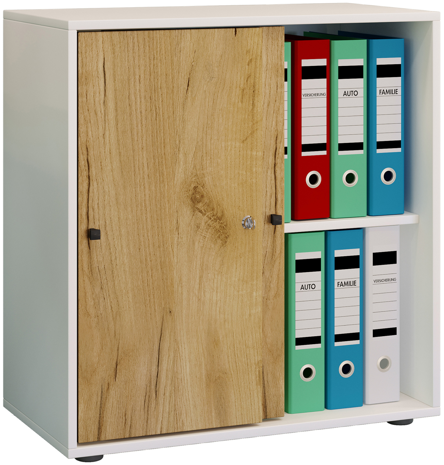 Büroschrank LONA L - Honig Eiche - weiß - mit Schiebetüren - 74 cm hoch