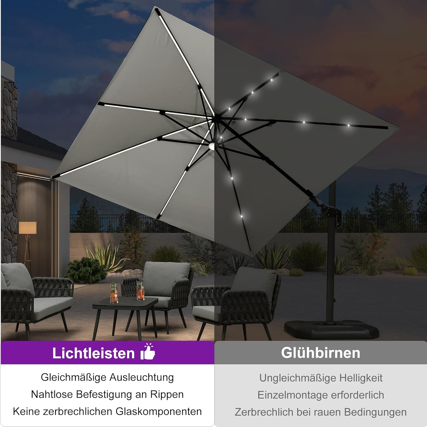 PURPLE LEAF Ampelschirm 300 x 300 cm Sonnenschirm mit LED Beleuchtung, Neigbar Kippbar Gartenschirm mit Kurbel, Aluminium Gestell, 360° Rotation, Weiß