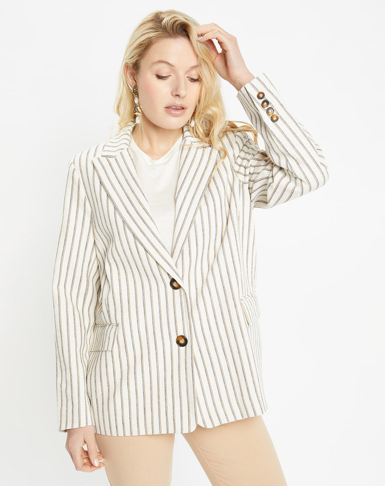 Jodhpur Veste blazer en Coton & Lin Alpha Fantaisie rayée écru/bleu