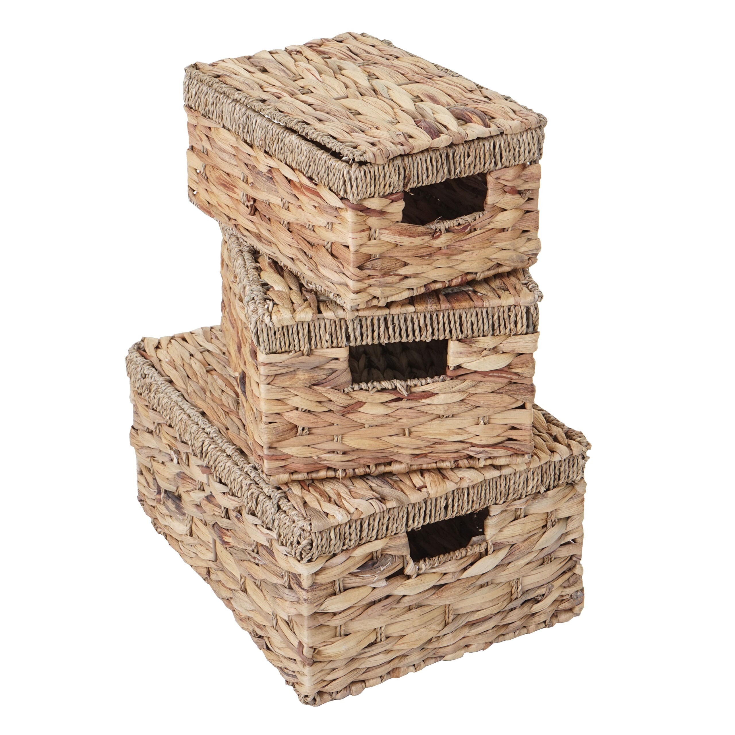 3er Set Aufbewahrungsbox MCW-C23, Truhe Kiste Box mit Deckel, Wasserhyazinthe naturfarben