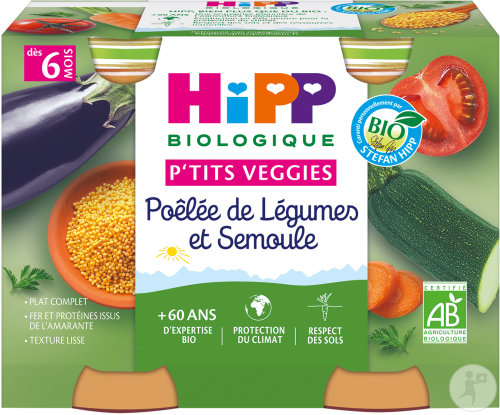 HiPP Biologique P'tits Veggies Poêlée De Légumes Et Semoule Dès 6 Mois Pots 2x190g