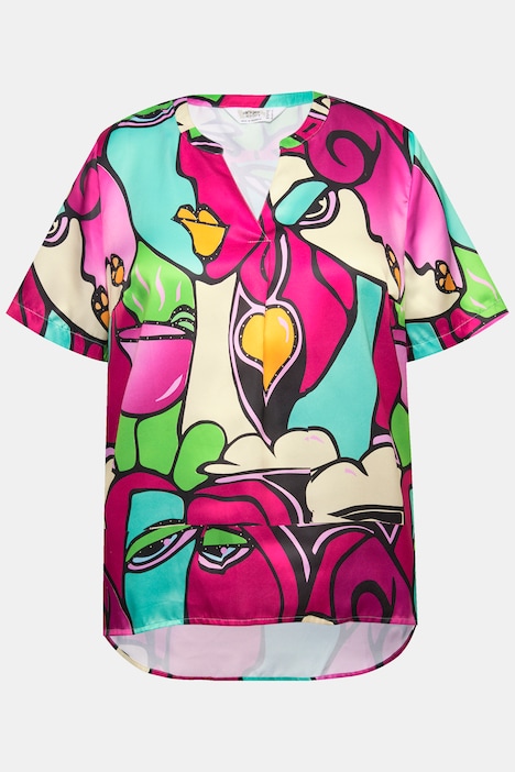 Bluse, Relaxed Fit, Satin mit Gesichts-Druck, Tunika-Ausschnitt, Halbarm