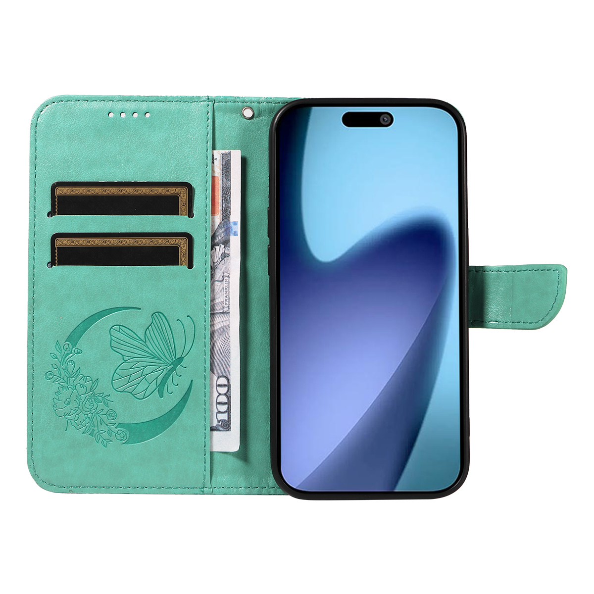 iPhone Air Leder Tasche Flip Cover Schmetterlinge Imprint - Türkis