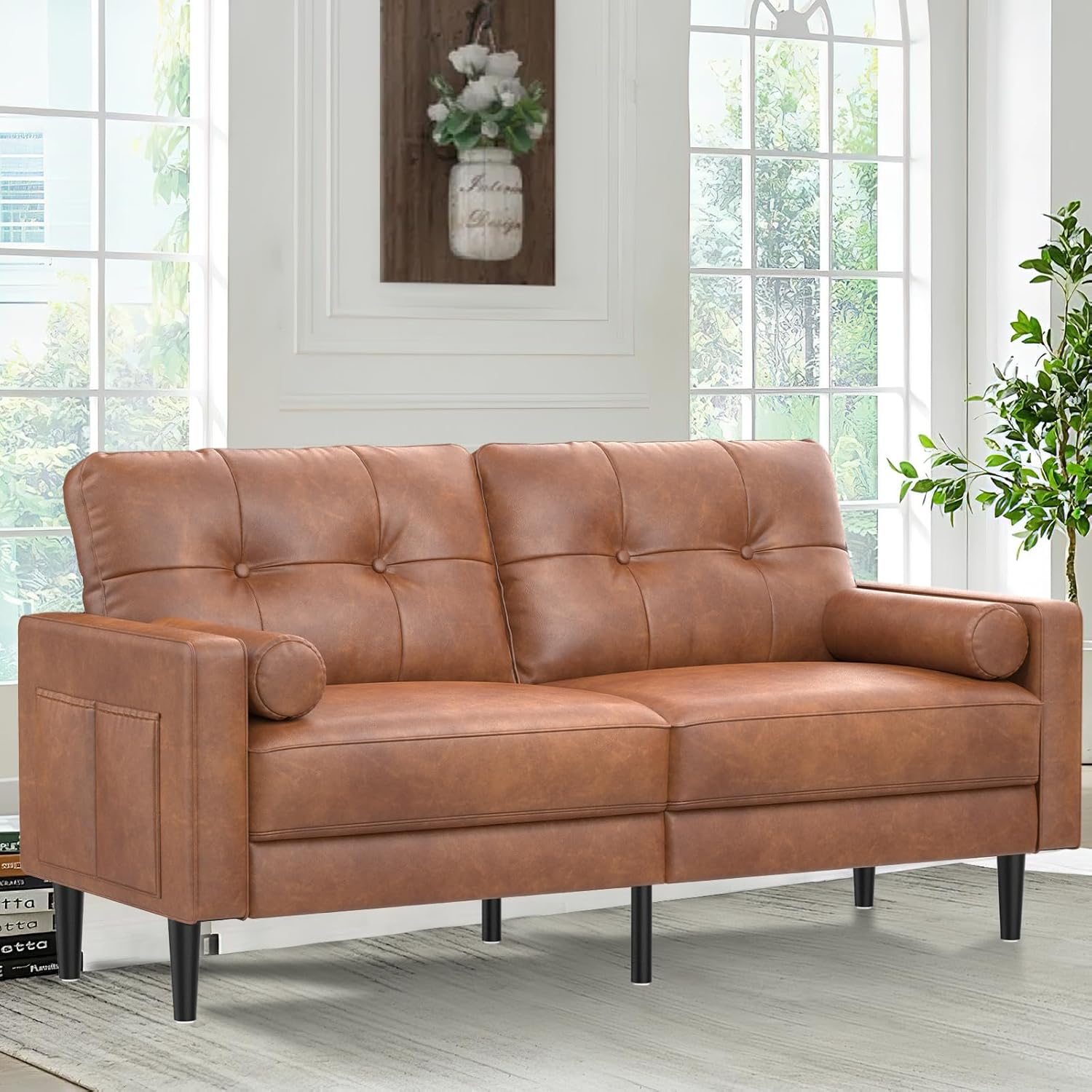 2-Sitzer-Sofa Modern Dick Gepolstert 2 Kissen Komfortables Leder Sofa mit 2 Staufächern für Wohnzimmer Schlafzimmer Büro Einfach zu montieren Klein