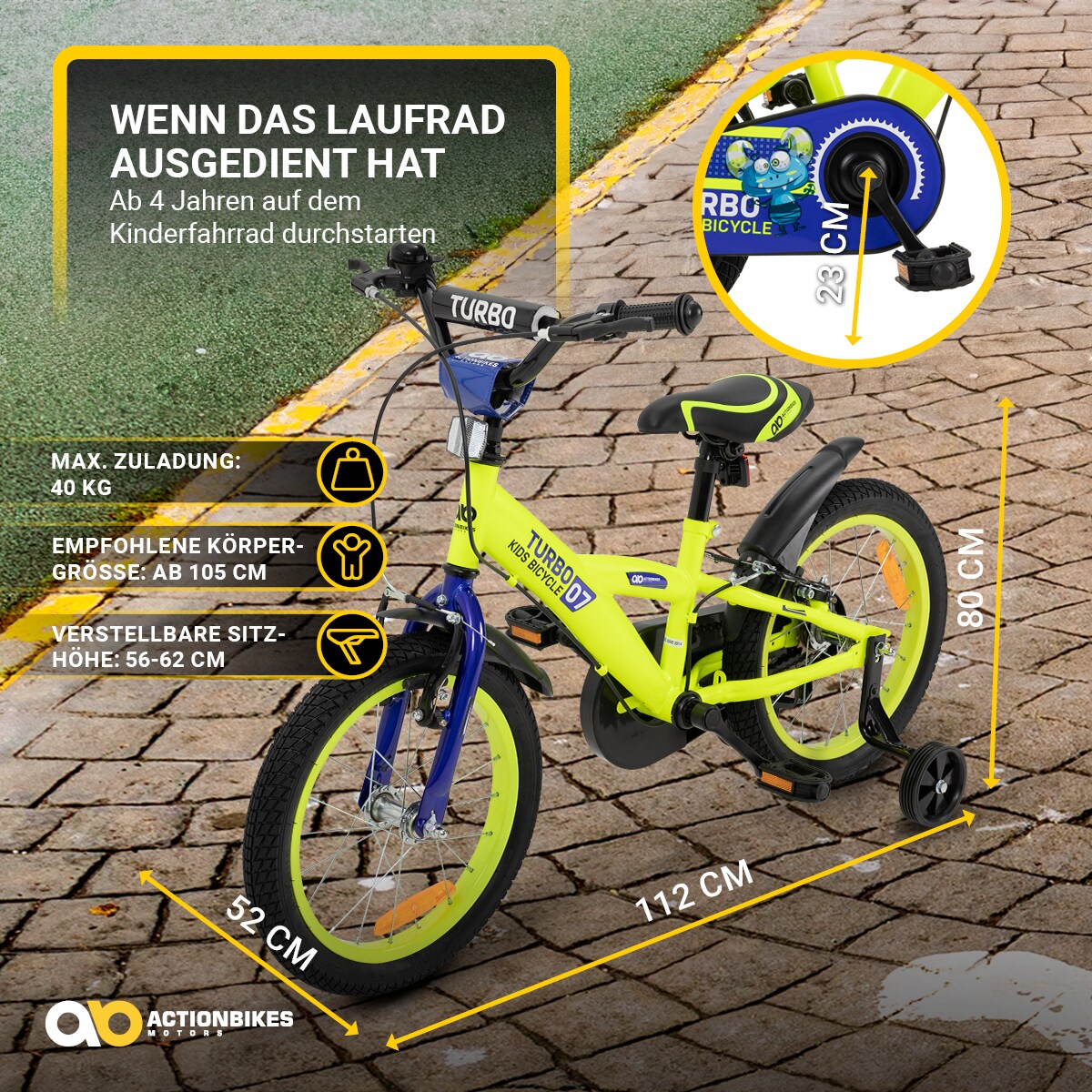 Actionbikes Kinderfahrrad Turbo 16 Zoll, Stützräder, V-Brake-Bremsen, Lenker-/Kettenschutz, Klingel