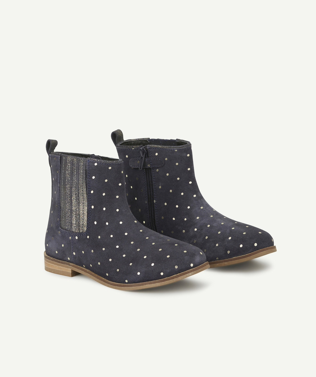 BOTTINES FILLE EN CUIR BLEU MARINE AVEC POIS COULEUR DORÉE