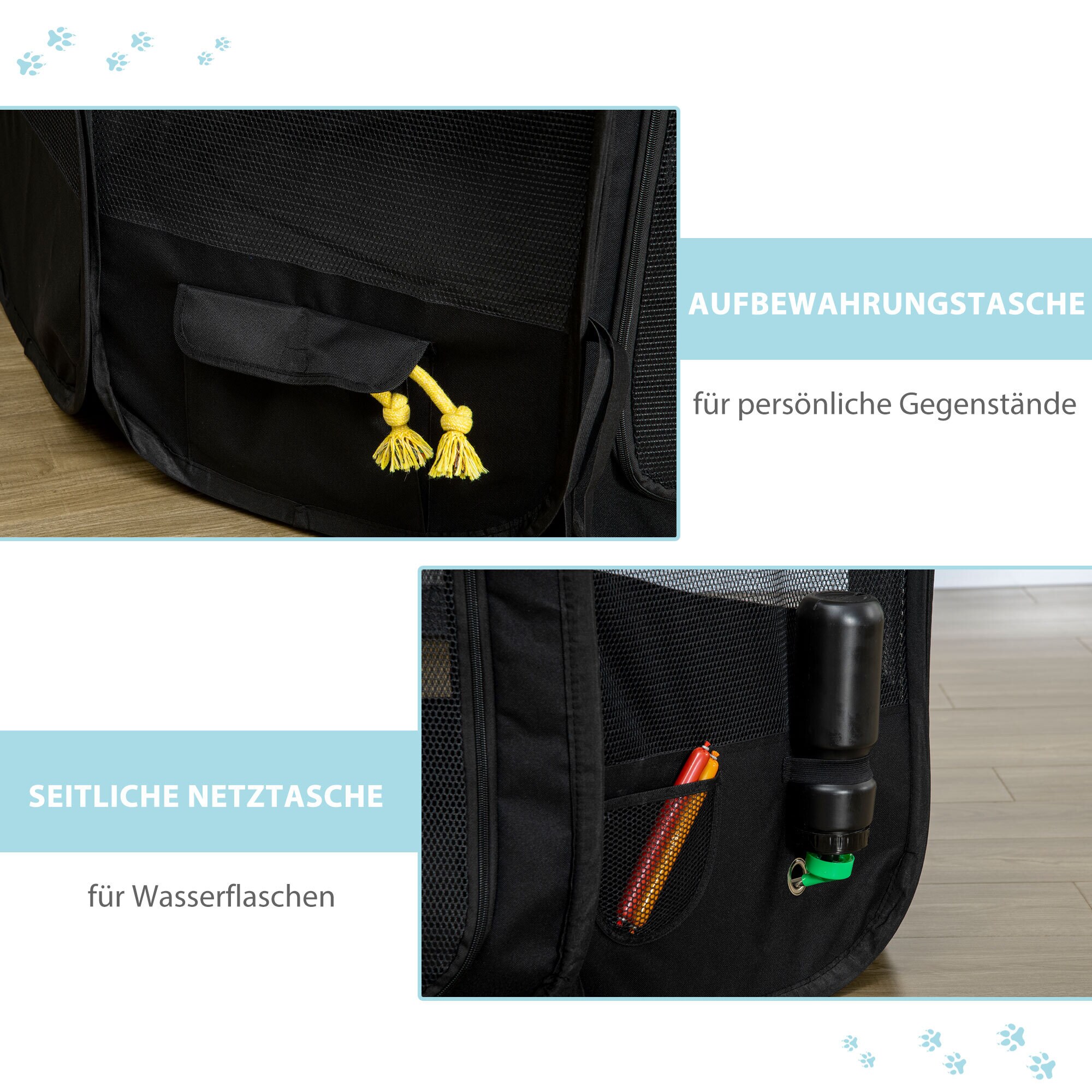 PawHut Welpenlaufstall mit Schutznetz schwarz, weiß 118L x 118B x 62H cm