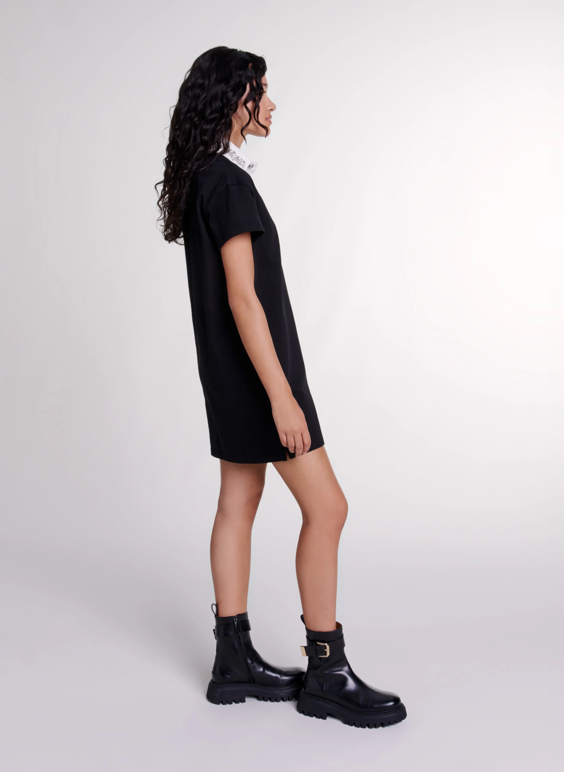 Robe courte col polo en coton | Noir