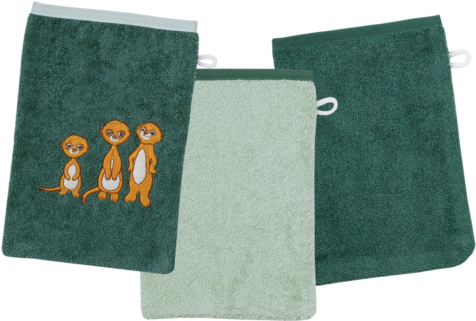 Wörner Waschhandschuh »Erdmännchen Waschhandschuh 3er Set« 1x Stickerei Erdmännchen, 2x unifarben