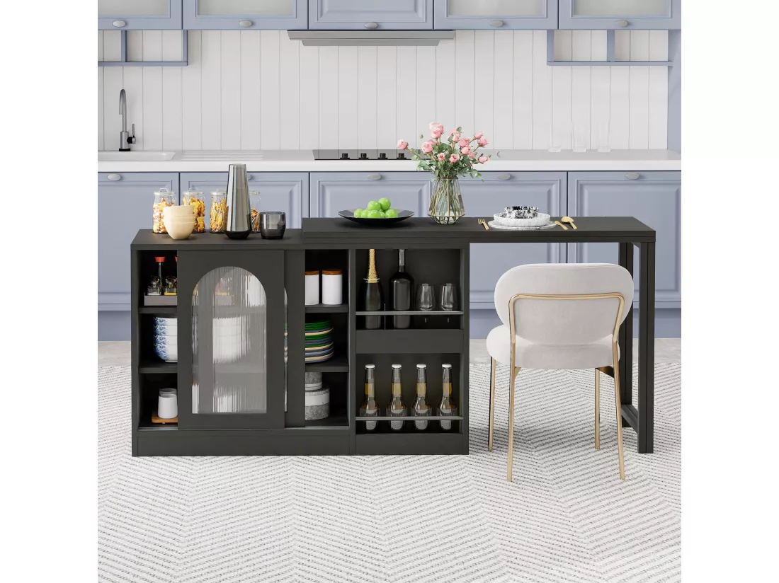 Meuble de bar extensible pivotant, table à manger - 2 portes coulissantes en verre et 2 étagères - Bois MDF - 115 x 40 x 74.5 cm - Noir
