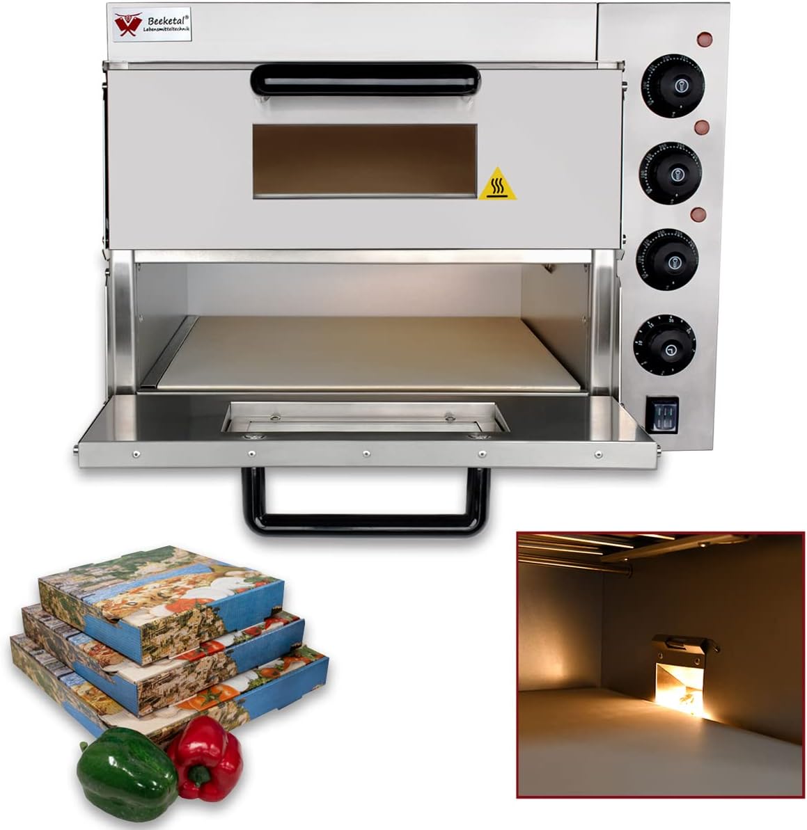 Beeketal 'BPO33-2' Profi Doppel Kammer Pizzaofen mit 2x 400x400 mm Schamottstein, Gastro Steinbackofen für Pizza und Backwaren, Leistung 3000W, Pizzabackofen Temperatur bis zu 350°C