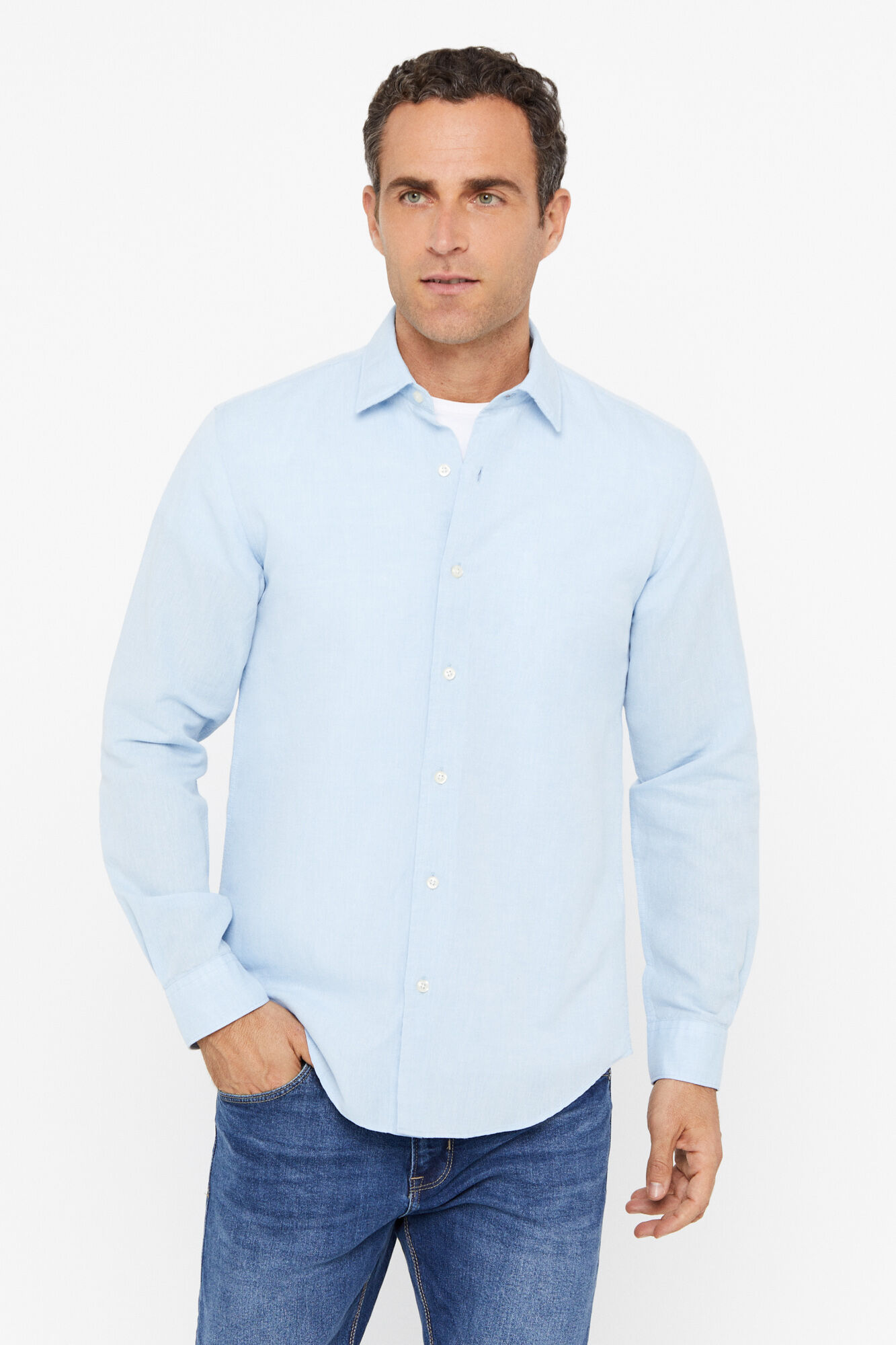 Camisa lisa de linho e algodão - Azul