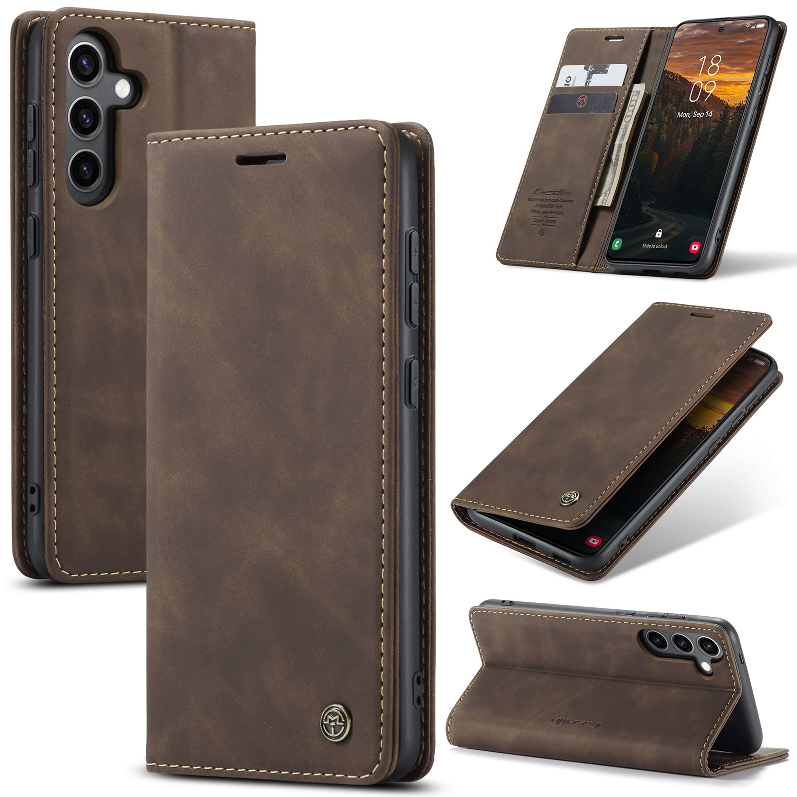 Samsung Galaxy S24 FE Leder Tasche Flip Wallet Etui mit Kartenfächern - Dunkelbraun