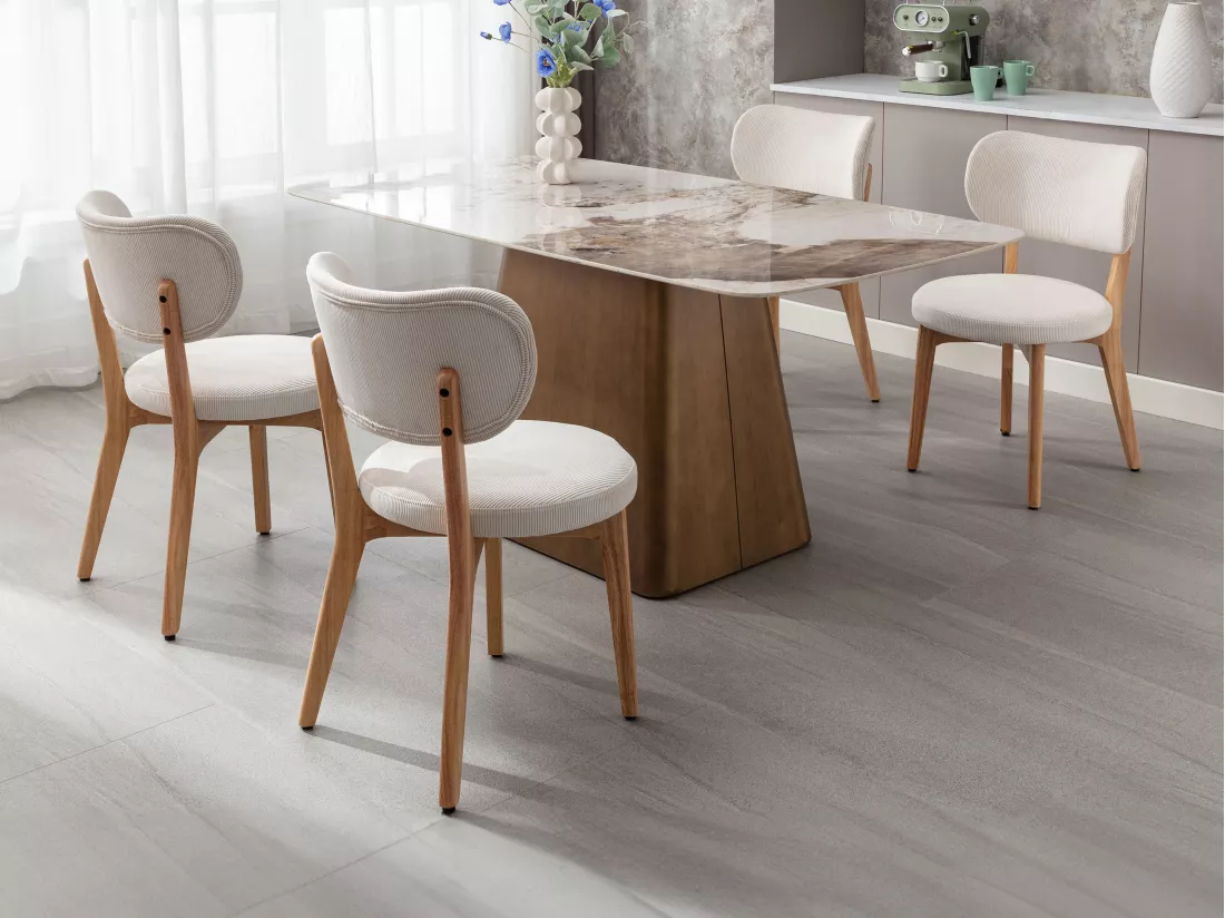 Lot de 6 chaises en velours côtelé et bois d'hévéa - Blanc - TORIEL