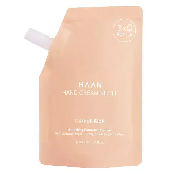Creme hidratante para mãos Haan Refill Carrot Kick, aroma de semente de cenoura e madeira cremosa, 150ml