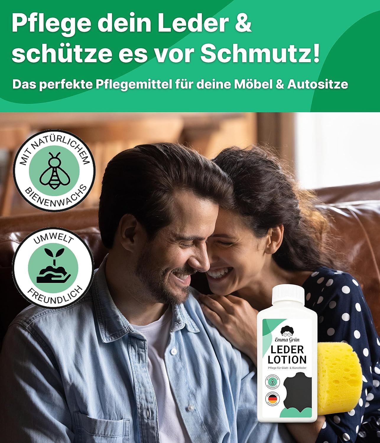 Emma Grün® Lederpflege Lotion mit Bienenwachs inkl. wiederverwendbarem Schwamm