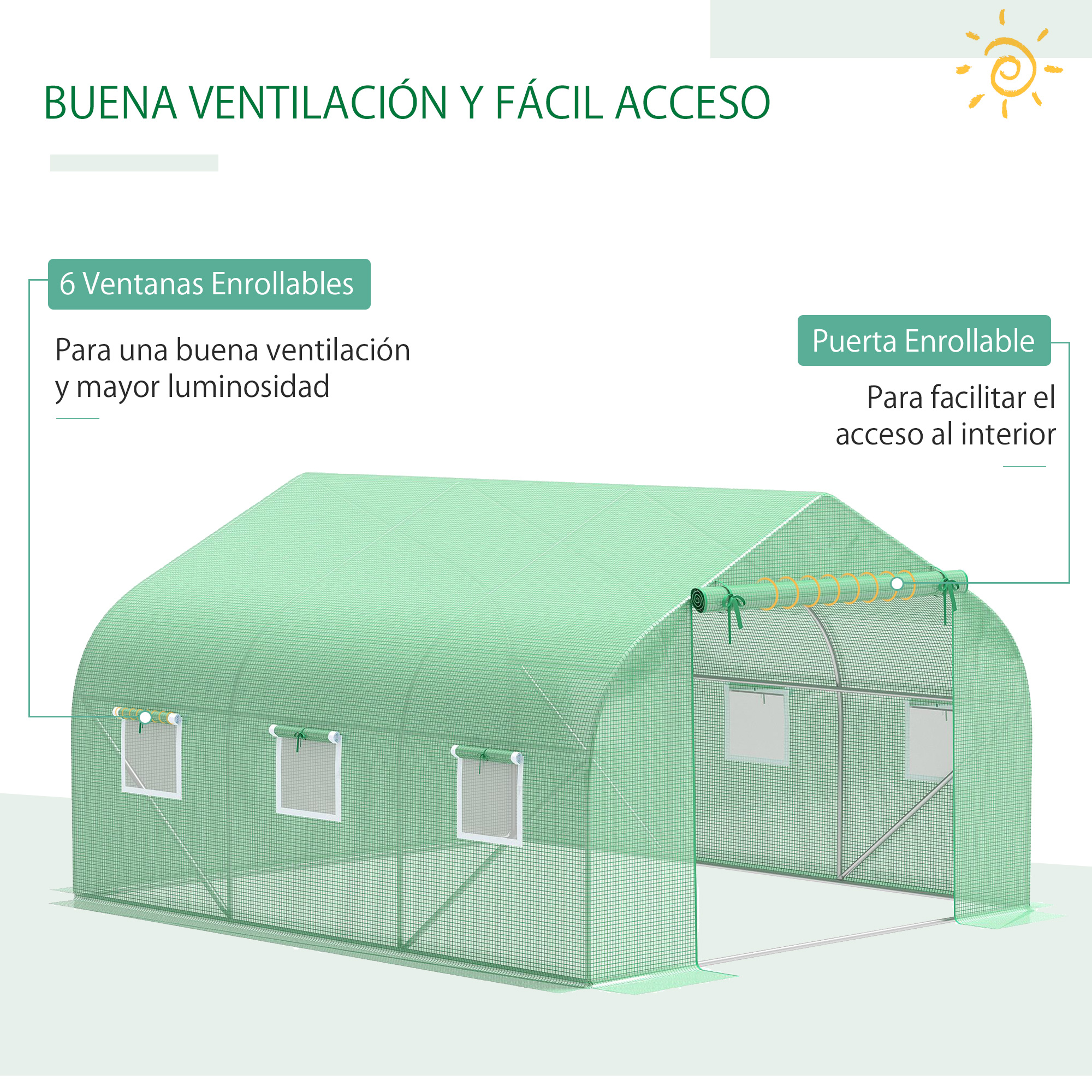Cobertura de estufa túnel Outsunny 3,5x3x2 m, cobertura de substituição em polietileno com 6 janelas e porta de enrolar, proteção para plantas e jardins verdes.