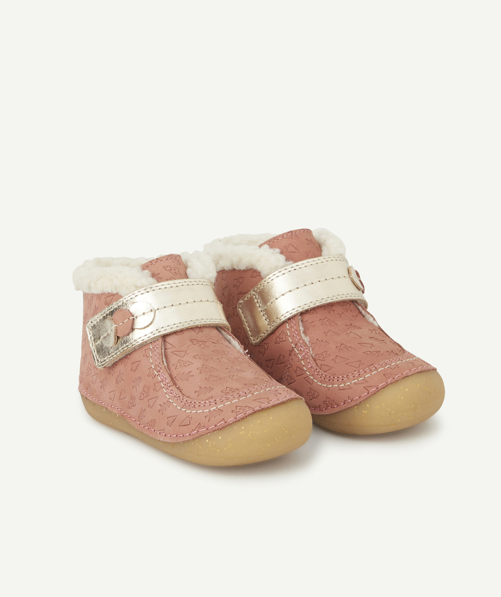 KICKERSBOTTINES BÉBÉ EN CUIR ROSE MOTIF SAPINS AVEC SHERPA