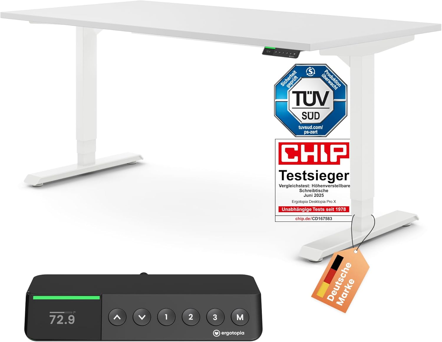 Ergotopia Desktopia Pro X Elektrisch höhenverstellbarer Schreibtisch, Ergonomischer Stehtisch für Büro oder Home Office (Weiß, Gestell Weiß, 120 x 80 cm)