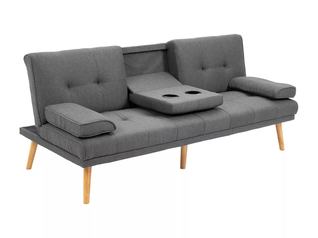 Canapé convertible 3 places design scandinave inclinaison dossier réglable 3 niveaux dossier central rabattable 2 porte-verres bois massif lin gris foncé