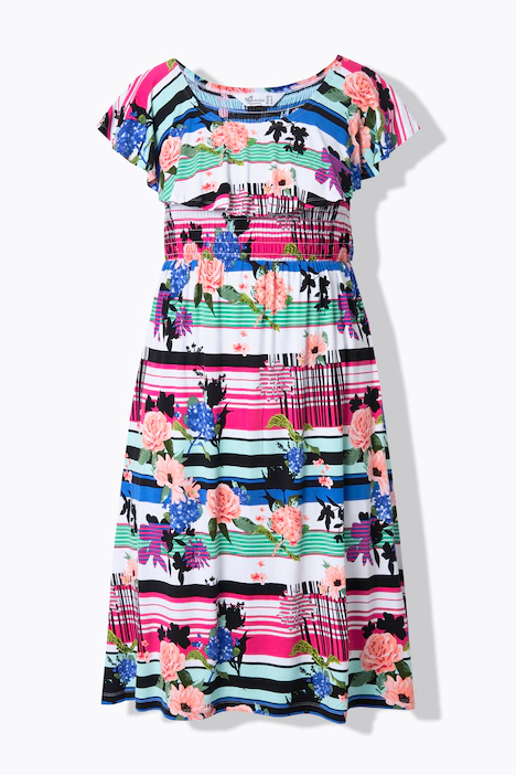 Smok-Jerseykleid, Musterstreifen, Carmen-Ausschnitt, schwarz