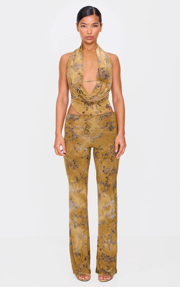Vert Olive Pantalon Évasé Slim À Imprimé Floral Dévoré