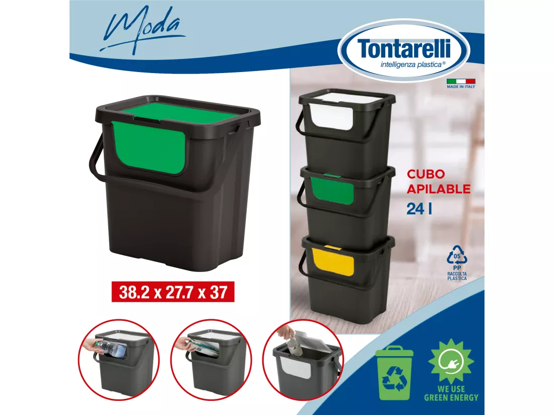 Set de 4 poubelles empilables avec poignée en quatre couleurs.
