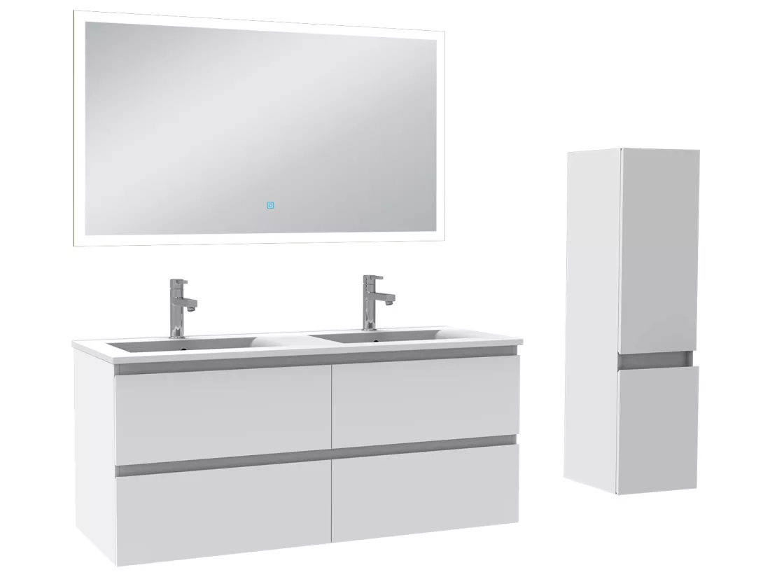 Meuble Salle de Bain 120cm vasque + colonne + miroir lumineux Blanc - Aica