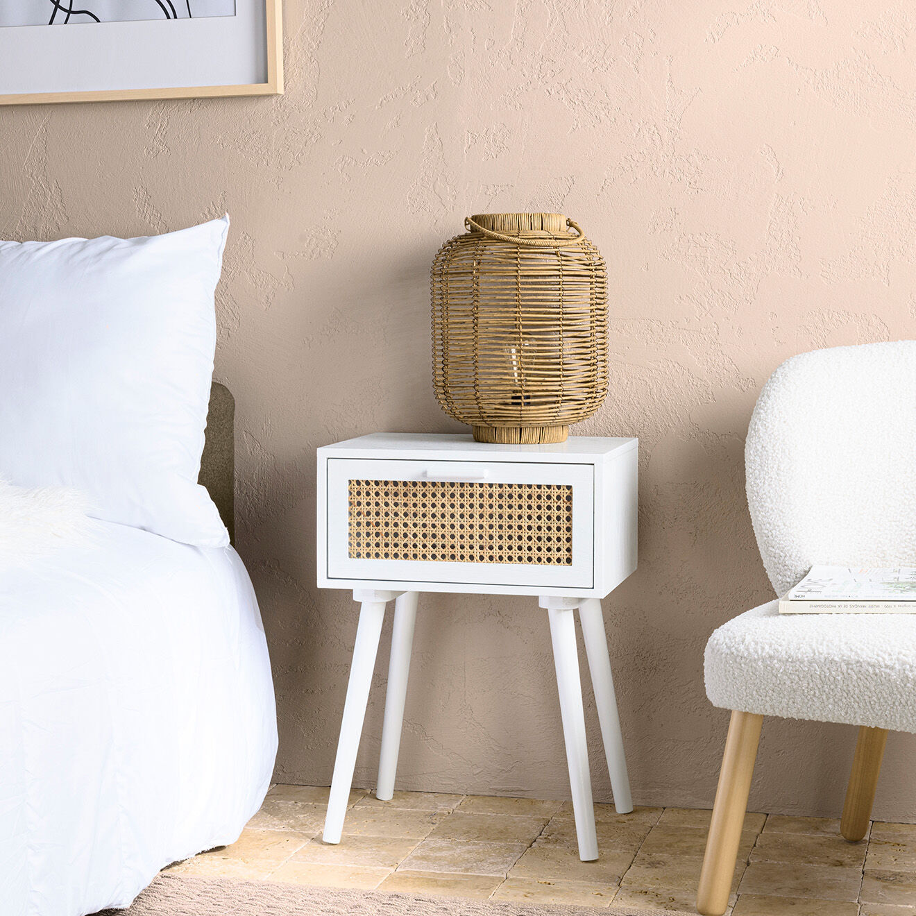 Macabane Chevet cannage rotin Sandro blanc - 40x30x55 cm