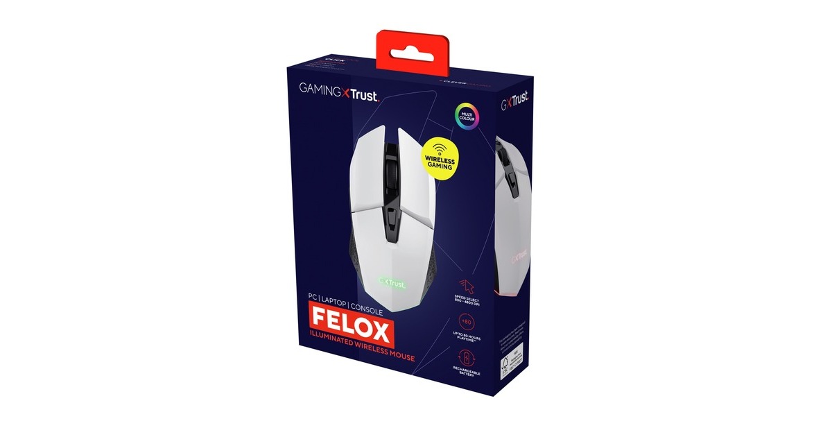 TrustGXT 110 Felox verlichte draadloze gaming muis  (Wit, RGB | 800 - 4800 dpi)