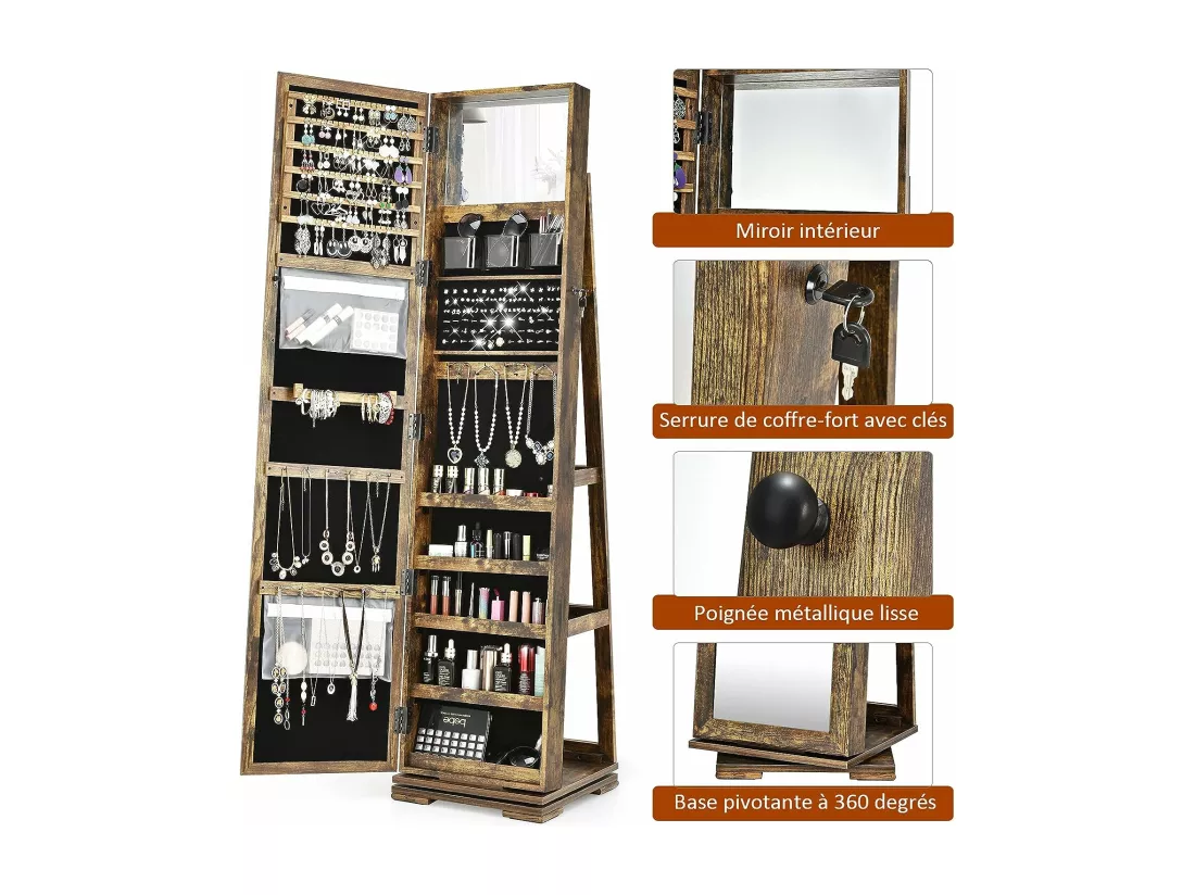 Armoire à Bijoux Pivotante à 360 Degrés, Organisateur de Bijoux sur Pieds, avec Grand Miroir Psyché et Etagère de Rangement à L’Arrière (Brun Rustique)