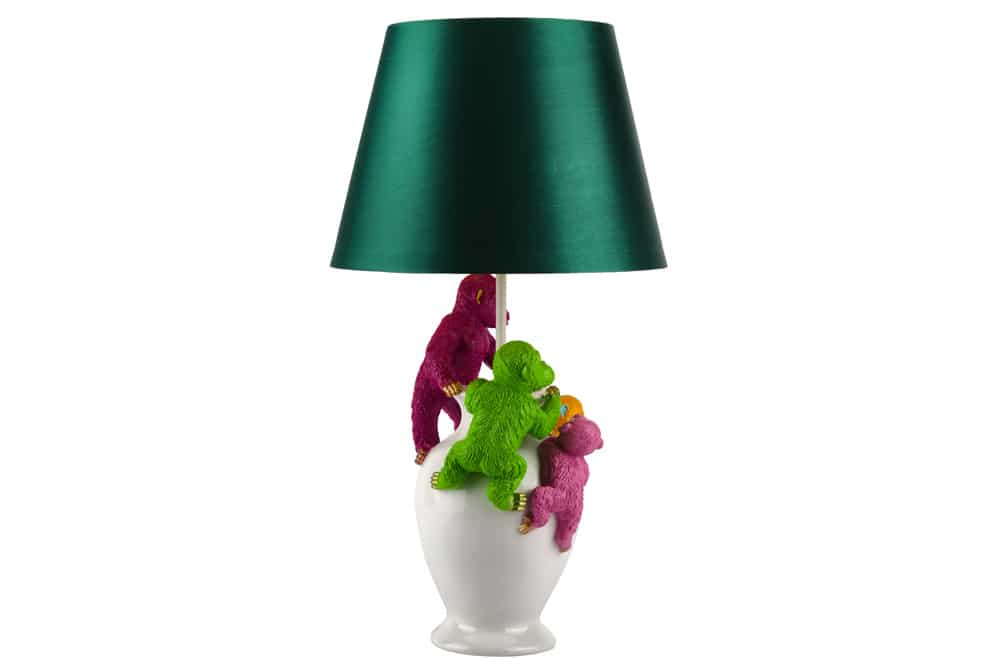 Handgefertigte Tischlampe MONKEY 60cm weiß bunt grüner Stoffschirm Affen-Skulpturen