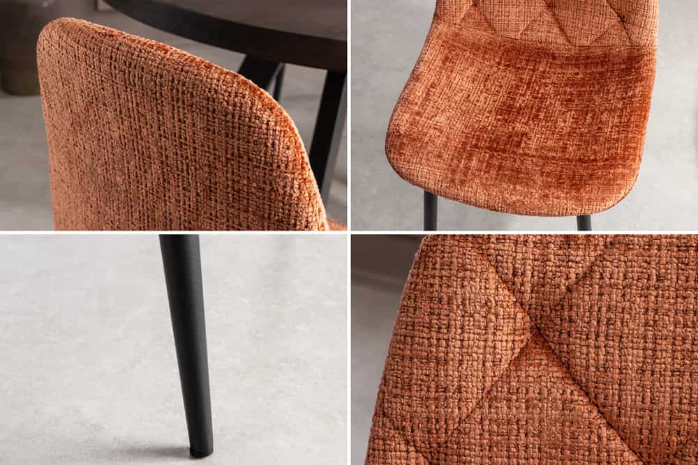 Stilvolles 2er-Set Stühle GLAMM rost braun Chenille Cremona schwarze Metallbeine
