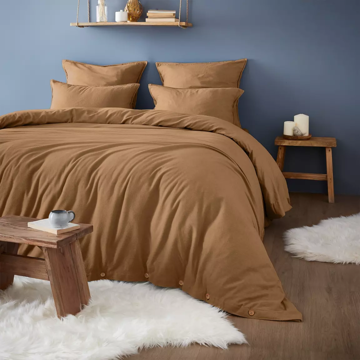 Taie de traversin flanelle de coton (L185 cm) Théa Camel