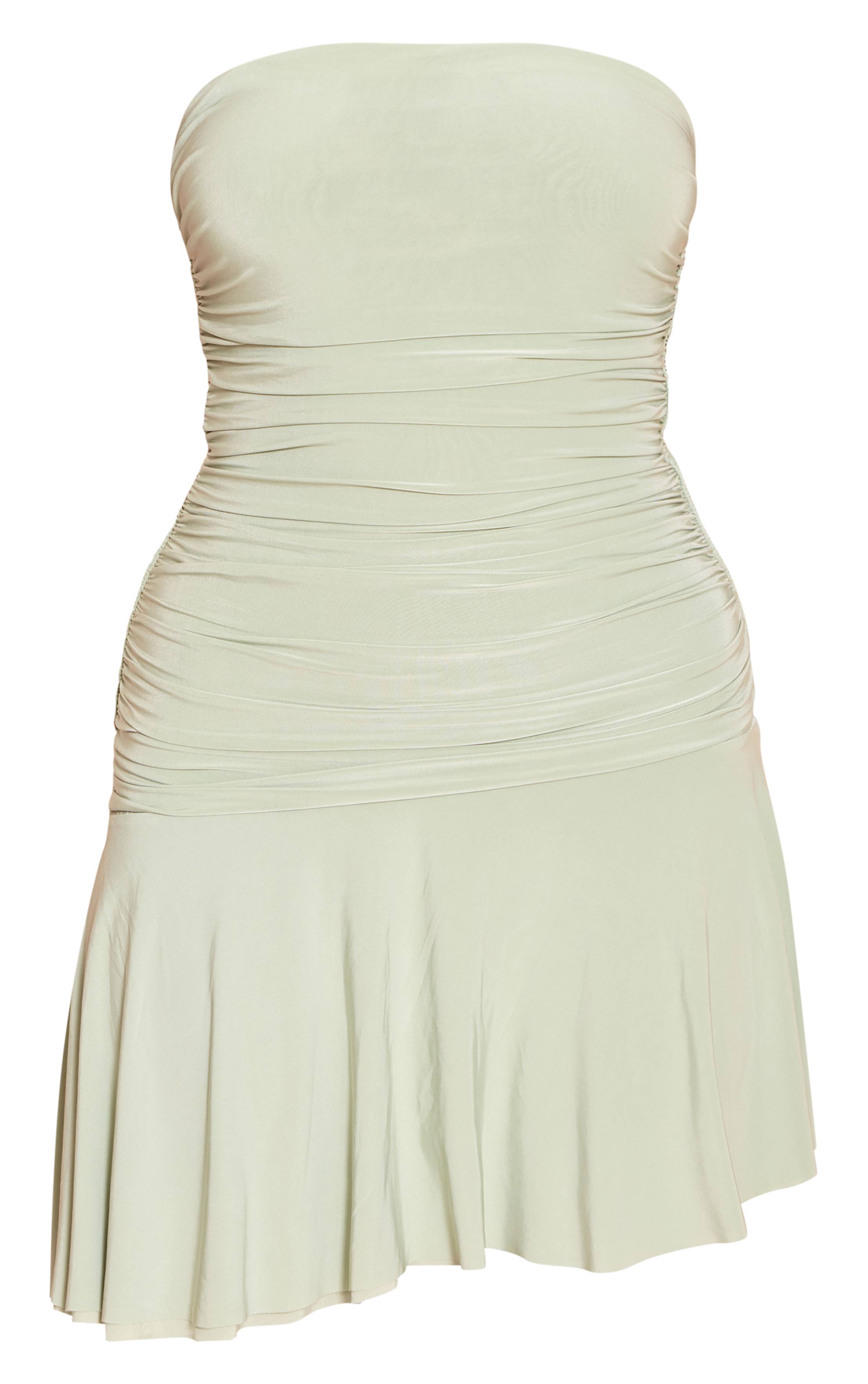 Vert Sauge Robe Droite Froncée À Double Couche En Tissu Soyeux À Bandeau